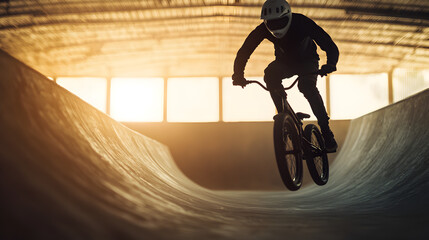 BMX Rider Performing Tricks in Indoor Skate Park at Sunset