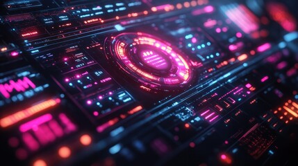 Obraz premium Futuristic Financial Data Display with Illuminated Charts and Analysis in Cyberpunk Style