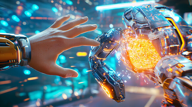 Futuristic Interaction Between Human Hand and Robotic Arm Technology - Powered by Adobe