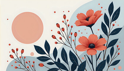 A painting of flowers and leaves on a blue and white background.