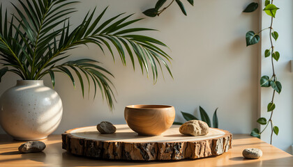A wooden bowl sitting on top of a wooden table.