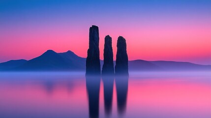 Rock pillars reflected in water at sunset.