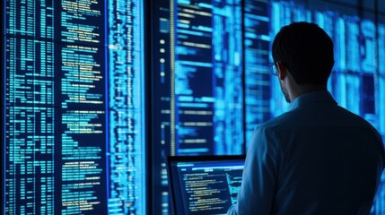 Man analyzing code on multiple screens in a dark room with blue light illuminating the scene