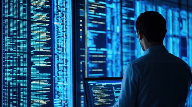 Man analyzing code on multiple screens in a dark room with blue light illuminating the scene - Powered by Adobe