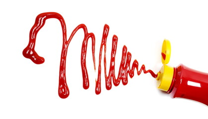 Red ketchup line with plastic bottle, isolated on white background, tomato puree texture	