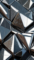 Fototapeta premium A futuristic metallic surface featuring 3D embossed geometric shapes in chrome and steel tones, with soft reflections and a glossy finish.