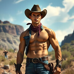 Strong Shirtless Cowboy in Denim & Boots – Charismatic Fitness Model for Bold Branding