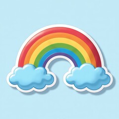 Rainbow with two clouds on blue background
