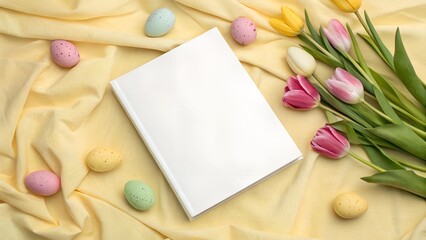 A white hardcover book surrounded by colorful hand-painted Easter eggs, fresh flowers, and vintage books on a wooden shelf with a rustic background.