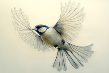 Naklejka premium Bird in flight, wings spread, detailed feathers.