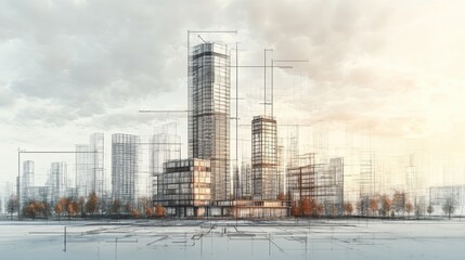 Fototapeta premium Futuristic cityscape with digital overlay of planning blueprints.
