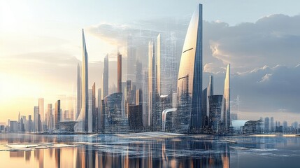 Fototapeta premium Futuristic cityscape with digital overlay of planning blueprints.