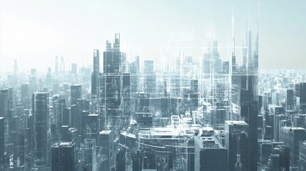 Futuristic cityscape with digital overlay of planning blueprints.