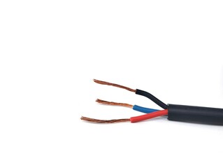 Cutting insulated electric wire on white background 