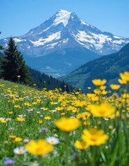 Snow capped mountain with yellow wildflowers and trees