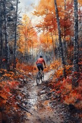 Obraz premium Dynamic watercolor portrayal a mountain biking trail through colorful woods