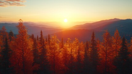 Fototapeta premium Scenic autumn sunset over forested mountains.