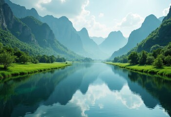 River flowing between green hills and mountains under cloudy sky