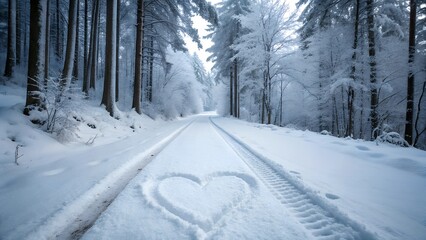 Obraz premium Winter forest road with heart-shaped , snow-covered trees, scenic winter landscape.