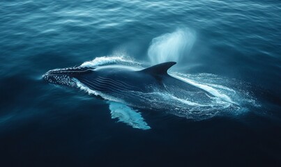 Fototapeta premium Humpback whale surfacing, ocean spray, deep blue.
