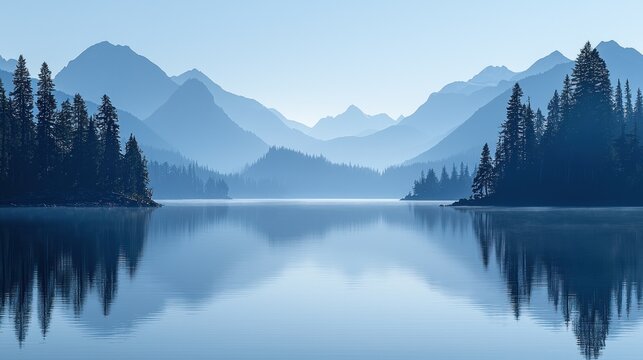 Serene blue lake reflecting misty mountains and trees.
