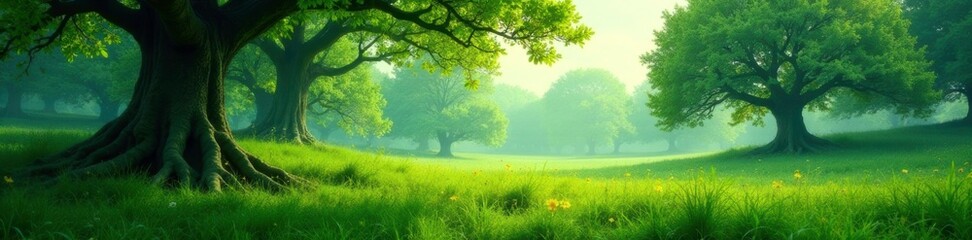 Fototapeta premium Creeping trees sprawl across a lush green meadow, creeping branches, woodland scene