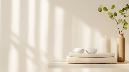 A serene spa scene with towels, a candle, and eucalyptus branches in a calming beige setting.