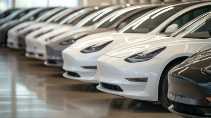 Obraz premium Modern electric vehicles lined up at dealership lot showcasing sustainable transportation solutions and the future of eco-friendly mobility.