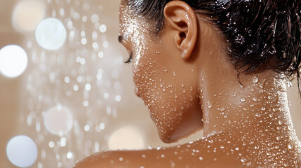 Fototapeta premium Shot of a woman with water droplets glistening on her skin in a shower setting.