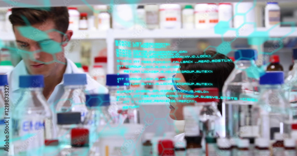 Poster scientists working in laboratory with chemical formulas and data analysis image