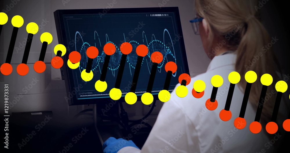Poster dna strand image over scientist analyzing data on computer screen