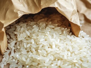 Rice grains in a paper bag. Uncooked white rice grains spilling from a brown paper bag. Emphasizing eco-friendly packaging and simplicity. Ideal for environmental articles and food supply promotions.