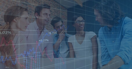 Financial data and stock market analysis image over diverse business team collaborating