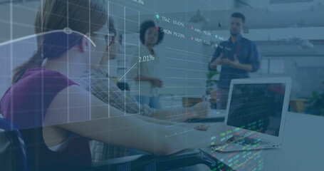 Financial data and stock market image over business meeting in modern office