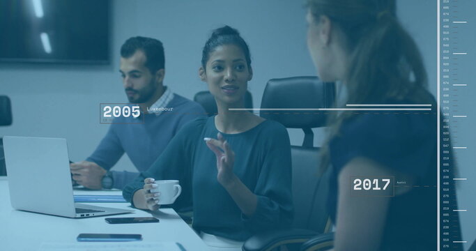Timeline image over business meeting with diverse professionals in office