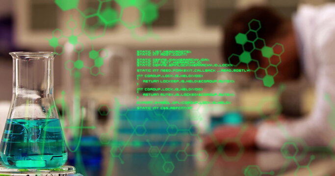 Chemical formulas and molecular structures image over scientist working in laboratory