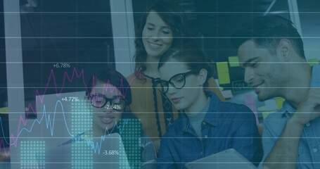 Analyzing data on laptop, group of colleagues with financial graph image over them