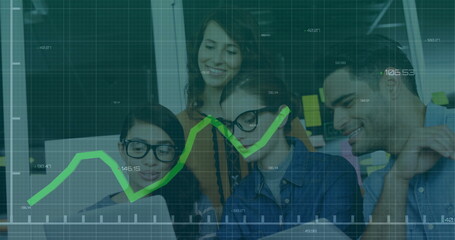 Financial data graph image over diverse business team collaborating on project