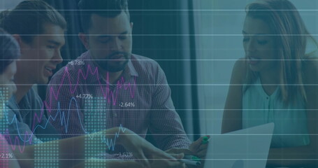 Financial data and stock market image over business meeting in office
