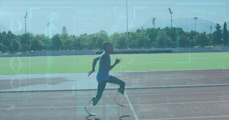 Running athlete on track with performance metrics image overlaid