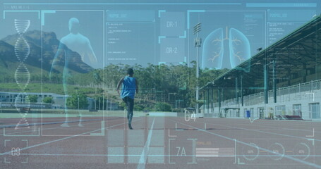 Runner on track with health data and lung analysis image over landscape