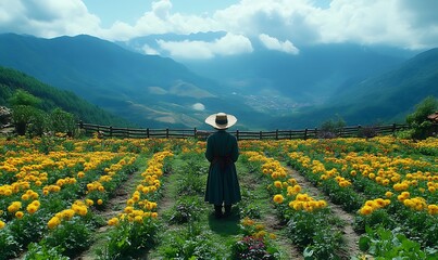 Fototapeta premium Woman in Flower Field Mountain View Landscape Photography