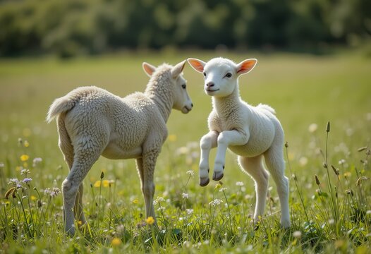 Two young, fluffy white lambs playfully interact in a vibrant green spring meadow filled with wildflowers.