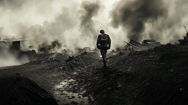 Soldier walking through smoky trenches during world war 2