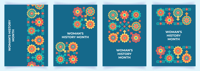 Set of abstract geometric backgrounds for Women's History Month. Creative poster with decorative stylized flowers and symbols of the female gender. Banner, flyer, cover