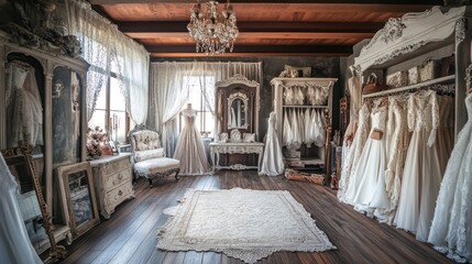 Elegant Bridal Boutique Interior: A Vintage-Inspired Wedding Dress Showroom