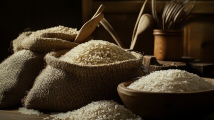 Rice grains in a rustic kitchen setting. Showcasing various types of rice in open sacks and bowls, emphasizing their textures and colors. Ideal for culinary blogs and food recipes.