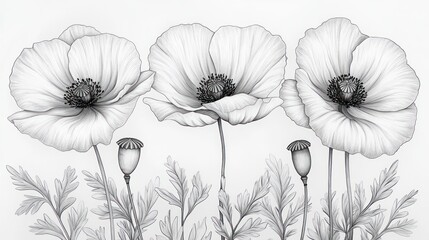Fototapeta premium Detailed Black and White Line Drawing of California Poppy Flowers in Botanical Illustration Style