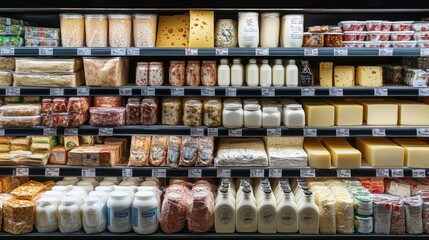 Shelves with products - organized display, supermarket array, store variety, window showcase, diverse selection, retail environment, aisle full, shopping options, packed shelves, consumer choices.