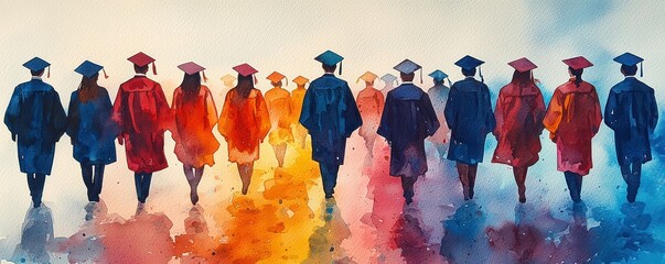 Naklejka premium Expressive watercolor scene a high school graduation ceremony with students in caps and gowns